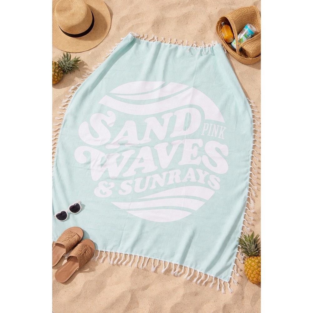 NWOT Victoria's Secret PINK Sand Waves & Sunrays Mint Green Fringe Beach Blanket